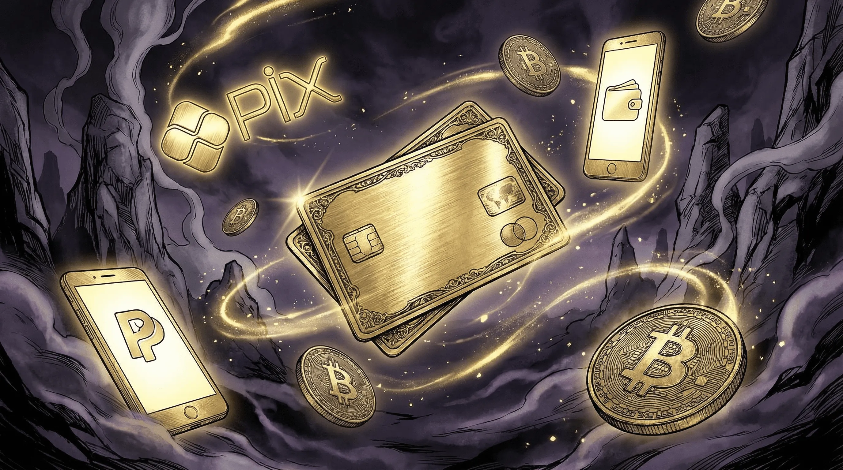 Métodos de pagamento incluindo PIX, cartões e criptomoedas